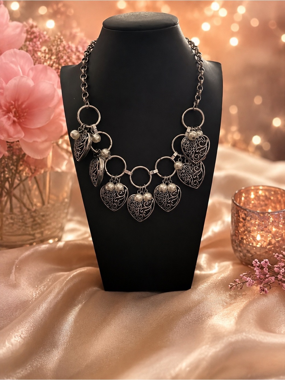 Silver Heart Charm Statement Necklace - Elegant Women’s Fashion Jewelry NWOT